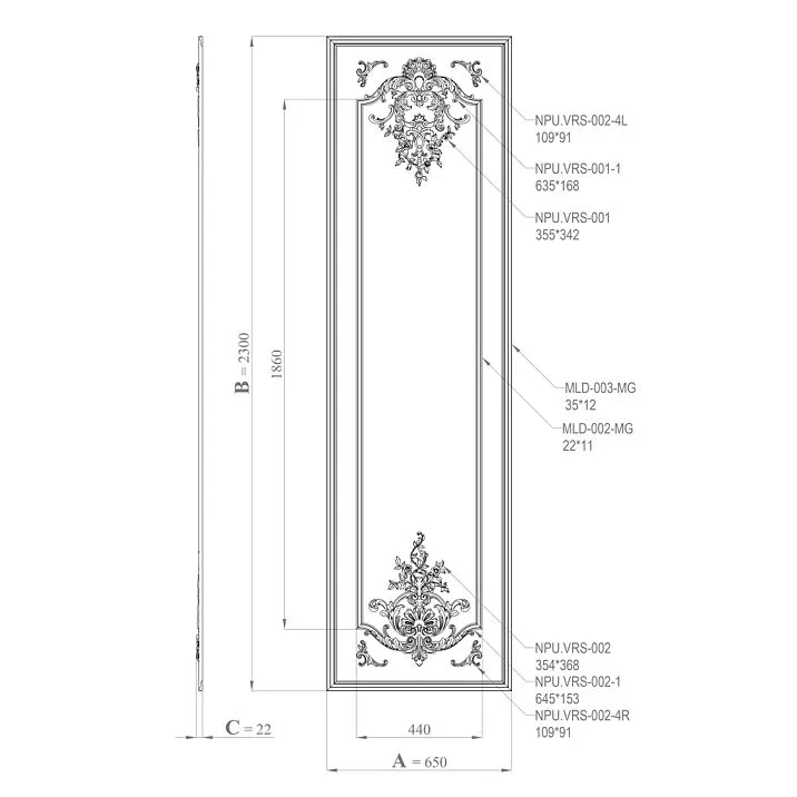 CPU-5-3 kit dimension diagram: panel dimensions, placement of stucco decor elements and moldings