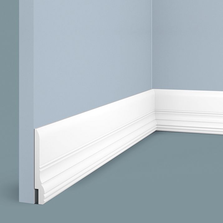 Floor skirting board L1605 from polystyrene HI WOOD, 90 mm height, with expressive decorative relief, white color