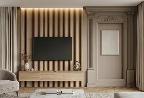 Slatted panel for TV on the wall combined with polyurethane wall molding in a calm modern interior