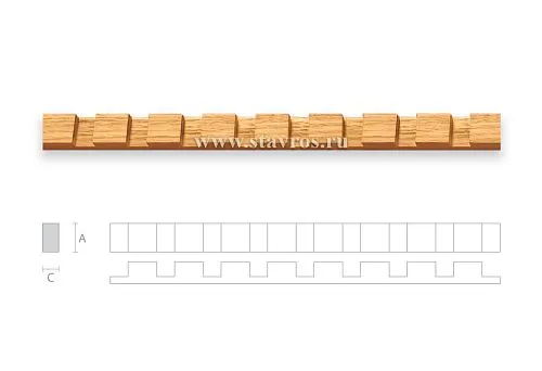 Decorative wooden frieze with rhythmic geometric pattern in the form of protruding squares