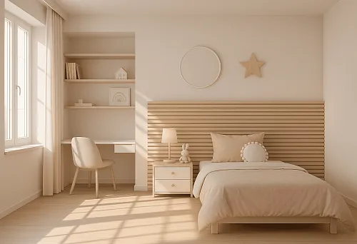 Bright bedroom with decorative MDF slats on the wall