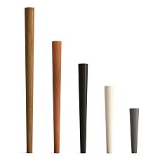 Precision-finished furniture leg MN-145M in five finishes: natural wood, oak, beech, dark, cream, gray. Classic conical shape.