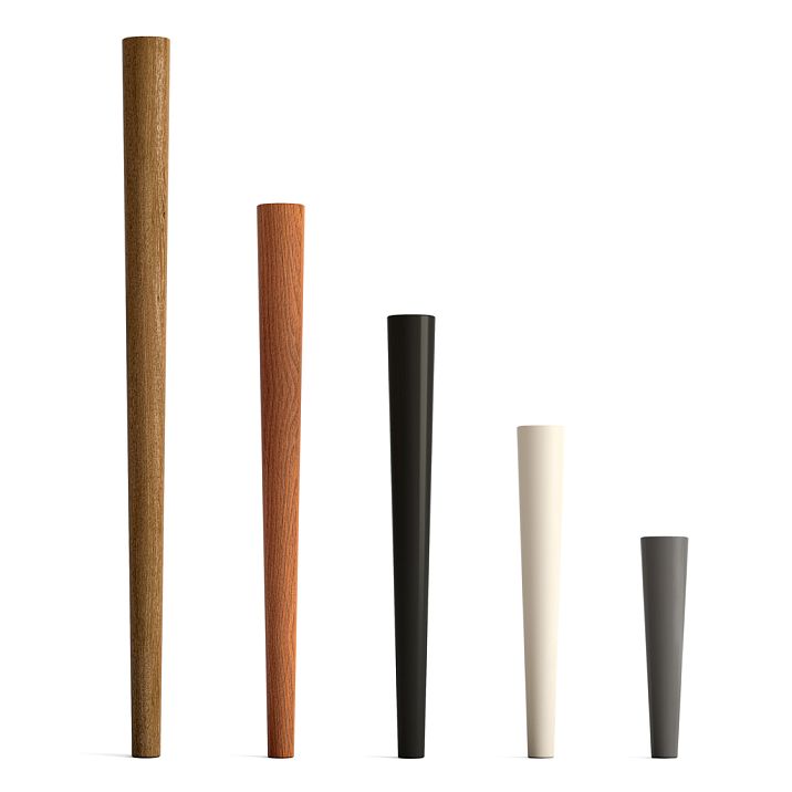 Precision-finished furniture leg MN-145M in five finishes: natural wood, oak, beech, dark, cream, gray. Classic conical shape.