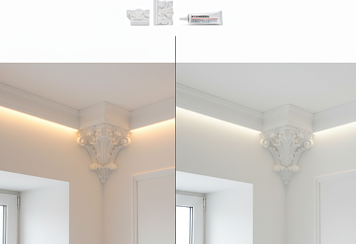 Polystyrene ceiling cornices with decorative molding in options with and without lighting