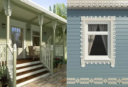 House veranda with columns and carved elements in Russian style