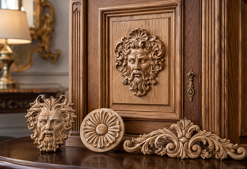 STAVROS mascaroons, rosettes and carved overlays for central furniture decor