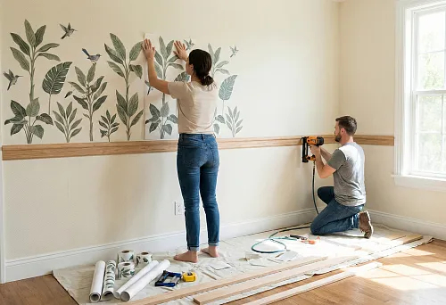 Interior wall decor stickers: a woman aligns a botanical pattern, a man attaches a wooden trim strip with a nail gun