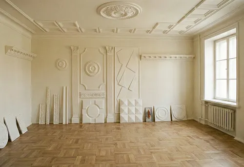 Room Decorated with Moldings on Walls and Ceiling: Rosettes, Coffers, Pilasters, and Decorative Panels.