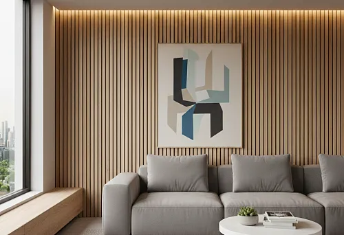 Interior Wall with Vertical MDF Battens in a Contemporary Minimalist Space, Soft Lighting, Smooth Geometric Finish