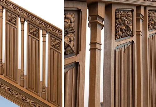 Wooden balusters with carved inserts and strict vertical lines &mdash; overall view
