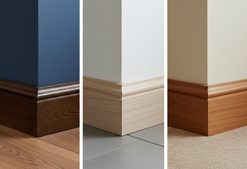 Three variants of wooden floor skirting boards in different shades and wood species, installed in interiors with various types of floor coverings