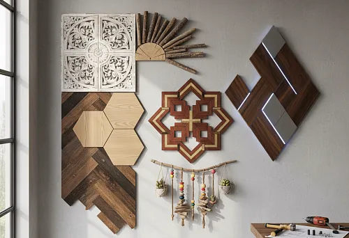 Современный интерьер с деревянным настенным декором &mdash; модульные панели и орнаментальные элементы из дерева