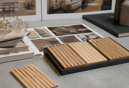 Samples OPAN-007 184&times;8&times;310 mm in MDF, beech and oak before ordering PAN-007 panels for 24 apart-hotel rooms