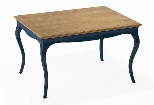 Dining table made of natural wood with dark blue base and wooden top