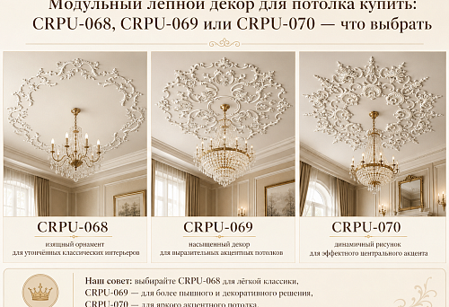 <h3>Country house and grand staircase area</h3>  <p>In a country house, the ceiling composition is often perceived from several levels and adjacent rooms. CRPU-068 can open up in a double-height hall if the chandelier and staircase support the large scale
