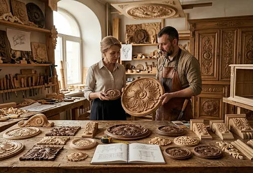 Carved wooden furniture elements in a workshop in Moscow
