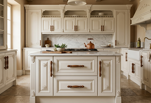 Classic style kitchen fronts with wooden handles and polyurethane decor