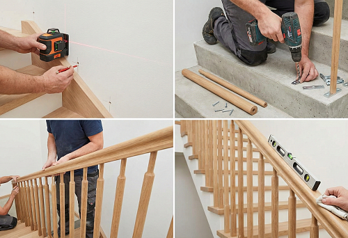 Marking for wooden railings: the master marks the handrail attachment points using a laser level on the wall