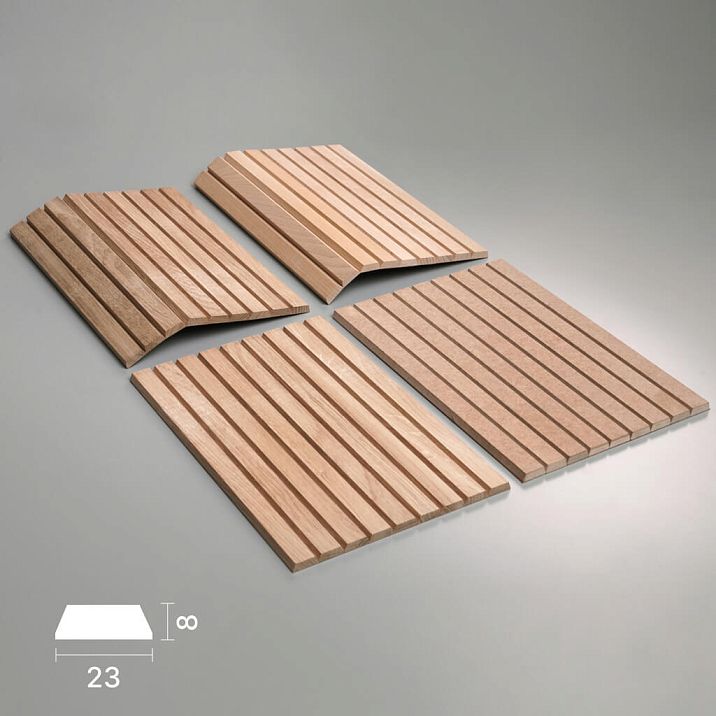 Samples of slat panel OPAN-007 made of MDF, beech and oak with longitudinal relief