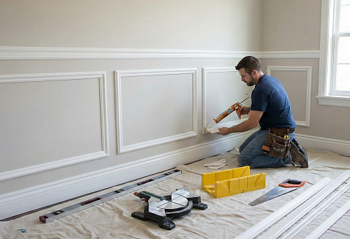 Installing polyurethane moldings on walls: a craftsman glues a molding for a decorative panel