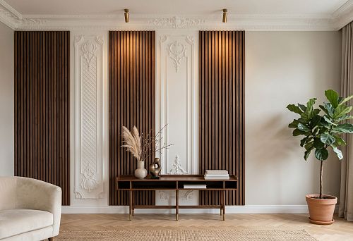 Wooden slats and molded decor from floor to ceiling: how to create a vertical accent on the wall