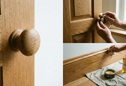 Wooden handle and solid wood skirting board during care: treatment with natural oil and wax to protect wood from moisture, preserve texture and finish durability