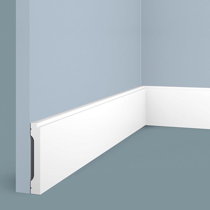 B90V2 floor skirting board from HI WOOD polystyrene, 90 mm high and 14 mm thick, with refined elegant decorative profile.