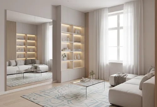 Apartment renovation: bright living room with a large mirror and illuminated niches, visual space expansion