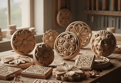 Carved decorative wooden elements &mdash; overlays, rosettes and mascaroons made of solid oak, on a workbench in a carpentry workshop