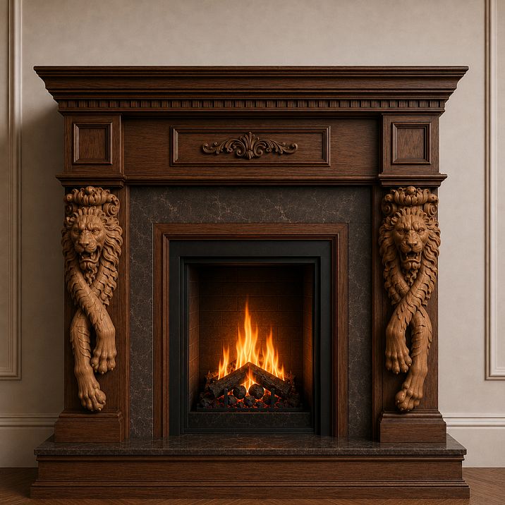 Left carved bracket KR-050L made of oak or beech for decorative support of a shelf in a classic interior.