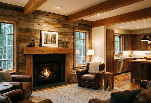 Living room interior with decorative wood wall finishing and a burning fireplace