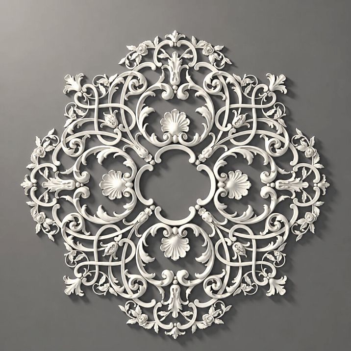 Ceiling rosette RPU.VRS-001 made of polyurethane with roses, leaves, and openwork volutes