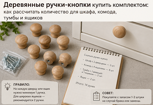 Wooden button handles as a set for furniture fronts
