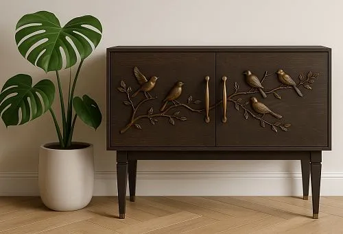 Case furniture &mdash; wooden cabinet with carved decorative ornament of birds on branches