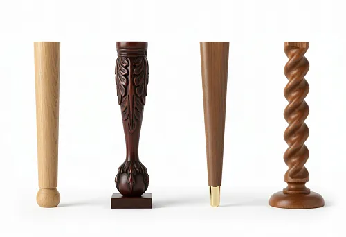 Wooden furniture legs &mdash; conical, carved and screw supports with decorative elements and metal inserts