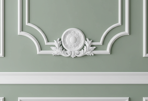 Classical wall molding in a light green interior
