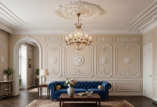 Polyurethane wall decor and ceiling molding for chandelier in interior
