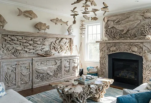 Interior decor sea fish: living room with carved wooden fireplace portal and underwater world panel, fish, whale and corals in marine theme