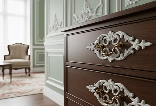 Dark wood chest of drawers with decorative furniture handles and carved moldings, echoing the relief of classic walls in the interior