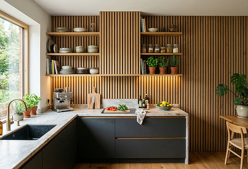 Slat panels for the kitchen in a modern interior with open shelves and built-in lighting