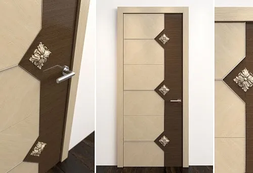Modern solid wood door with decorative inserts and carved elements