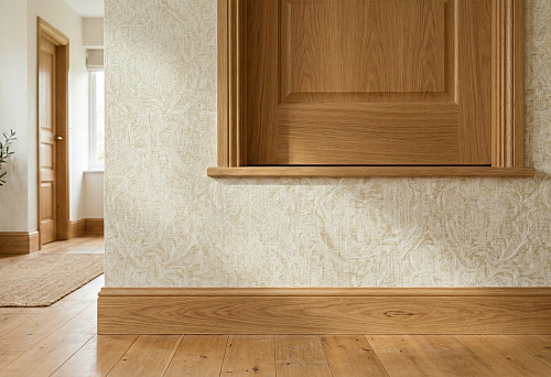 Wooden baseboard and wallpaper: a straight junction line and a neat joint without gaps