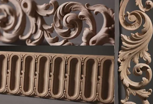 Carved decorative element for wooden cornice