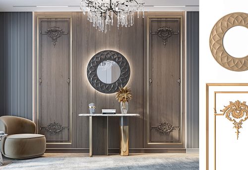 Stylish wall decoration in a wooden house with 3D patterns and mirror.