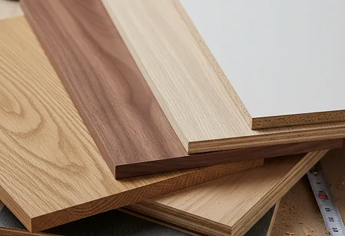 samples of panels made from different materials &mdash; MDF, laminated chipboard, veneer, and laminated panels for furniture facades