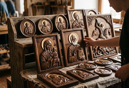 Wooden icon with carved Orthodox image