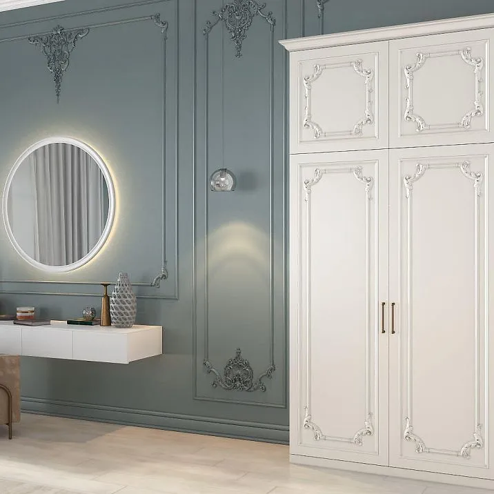 Corner decorative element MLD-2U-2.1L in the decoration of a classic-style cabinet facade