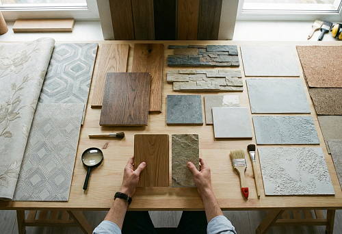 Set of wall finishing materials: wallpaper, wood, stone, tile, and plaster, laid out on a table.