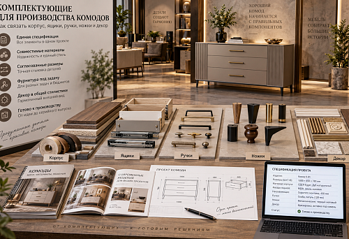 Components for chest of drawers production &mdash; body, drawers, handles, legs and decor