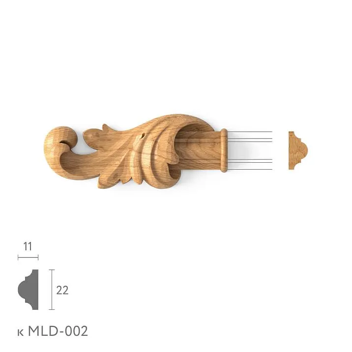Carved molding tip N-363.1L in oak or beech &mdash; decorative finishing element for MLD-002 under enamel